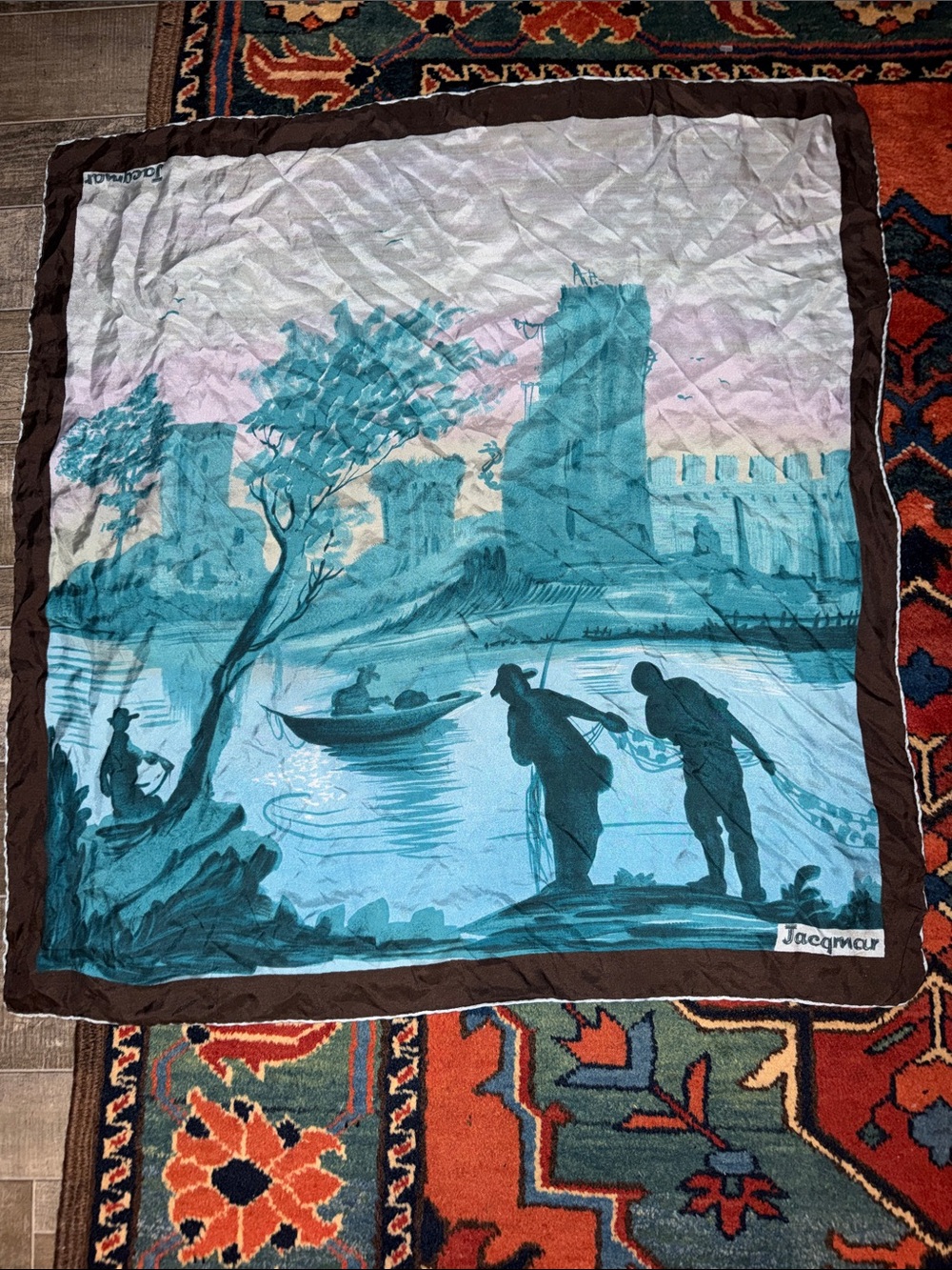 Vintage Jacqmar of London Silk Scarf Scenic River Fishing Silhouette Ruins